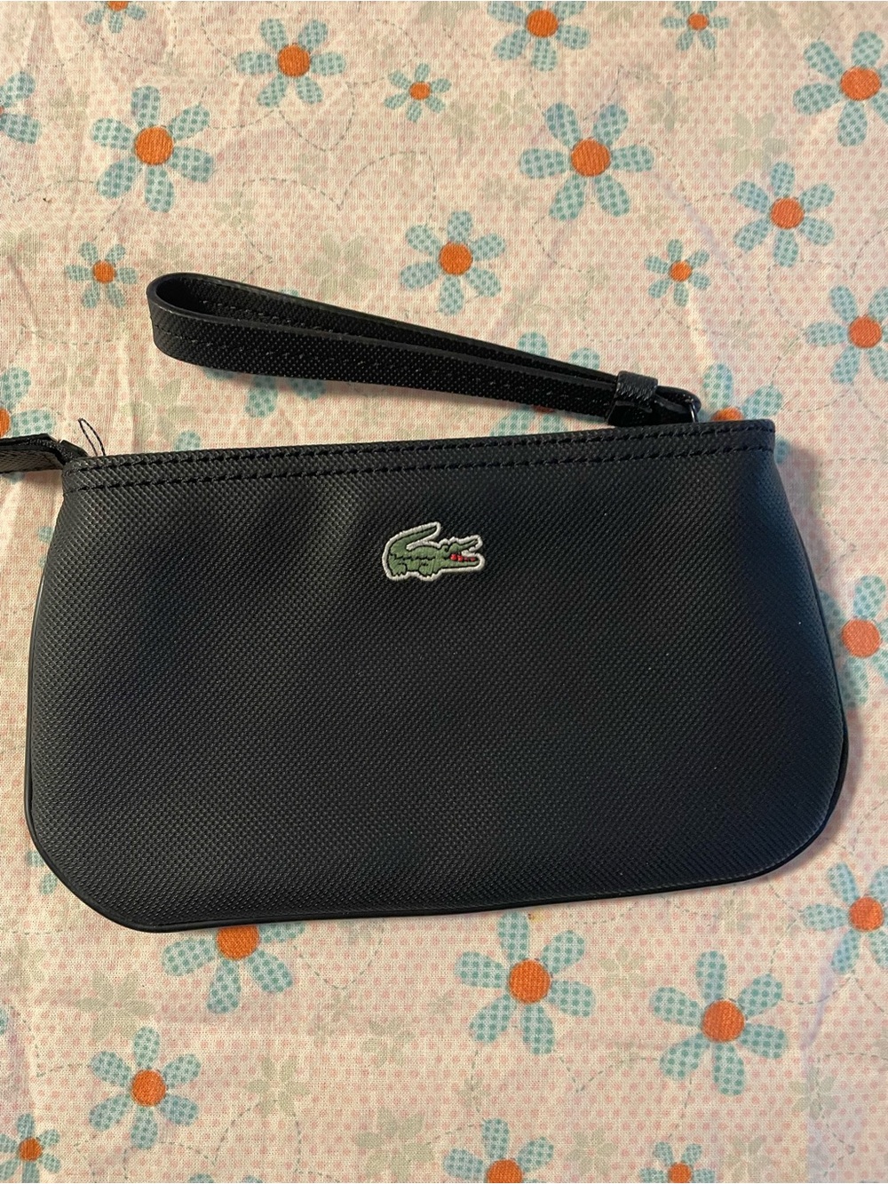 Lacoste Black Zip Wristlet Pouch with Beige Interior